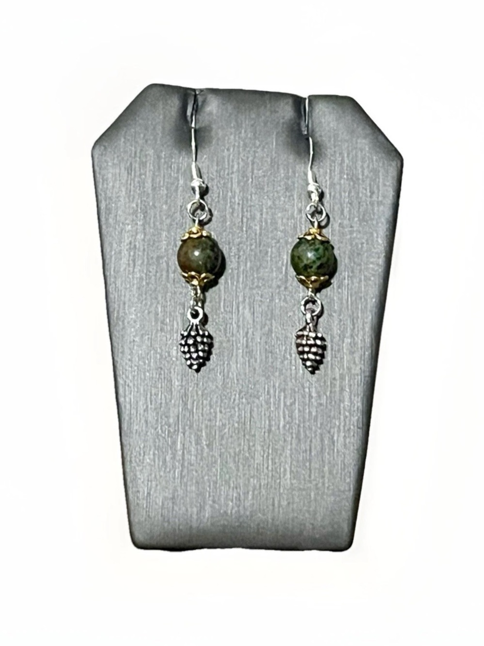 Handmade Silver Pinecone Dangle Earrings African Turquoise Stone Fall Autumn